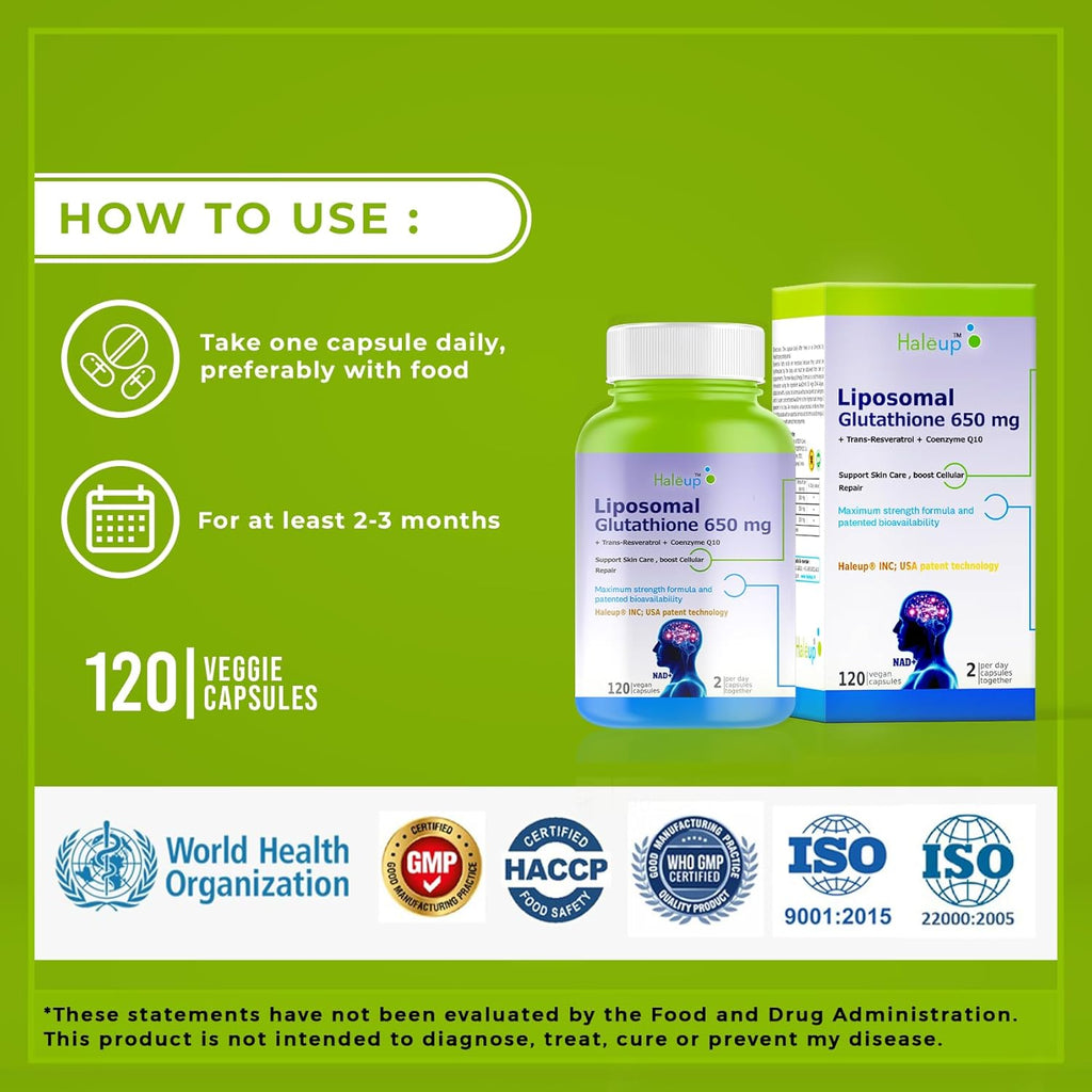 Haleup USA 99% Glutathione with Resveratrol| For Healthy Ageing | Autophagy| Cell Renewal | Immunity| Skin and Hair | Cognitive Support (1 Pack X 120s count)