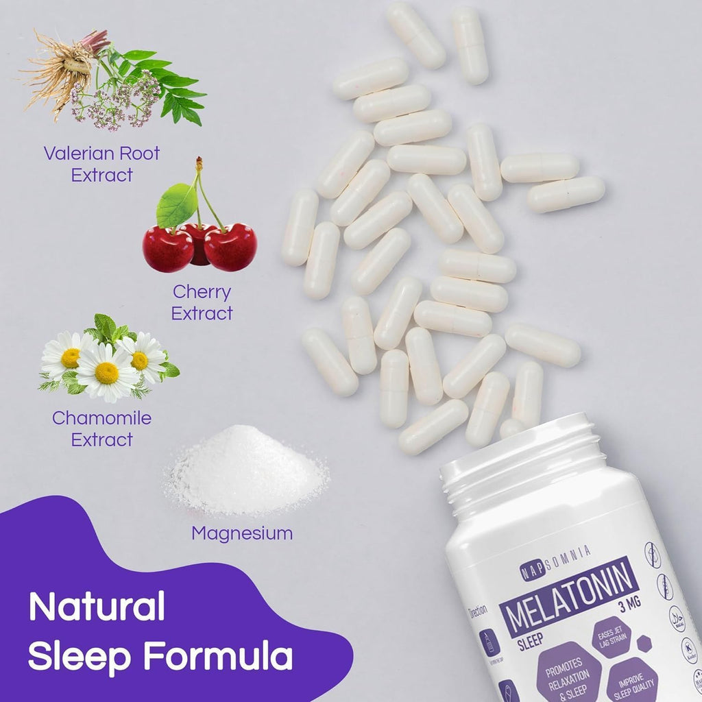 NAPSOMNIA Melatonin for Sleeping for Men & Women - Sleep Melatonin -Valerian Root Extract - Vegetarian 3mg Melatonin 60 Capsules - Sleep Aid for Adults - Deep Sleep Supplements to Ease Jet Lag Strain