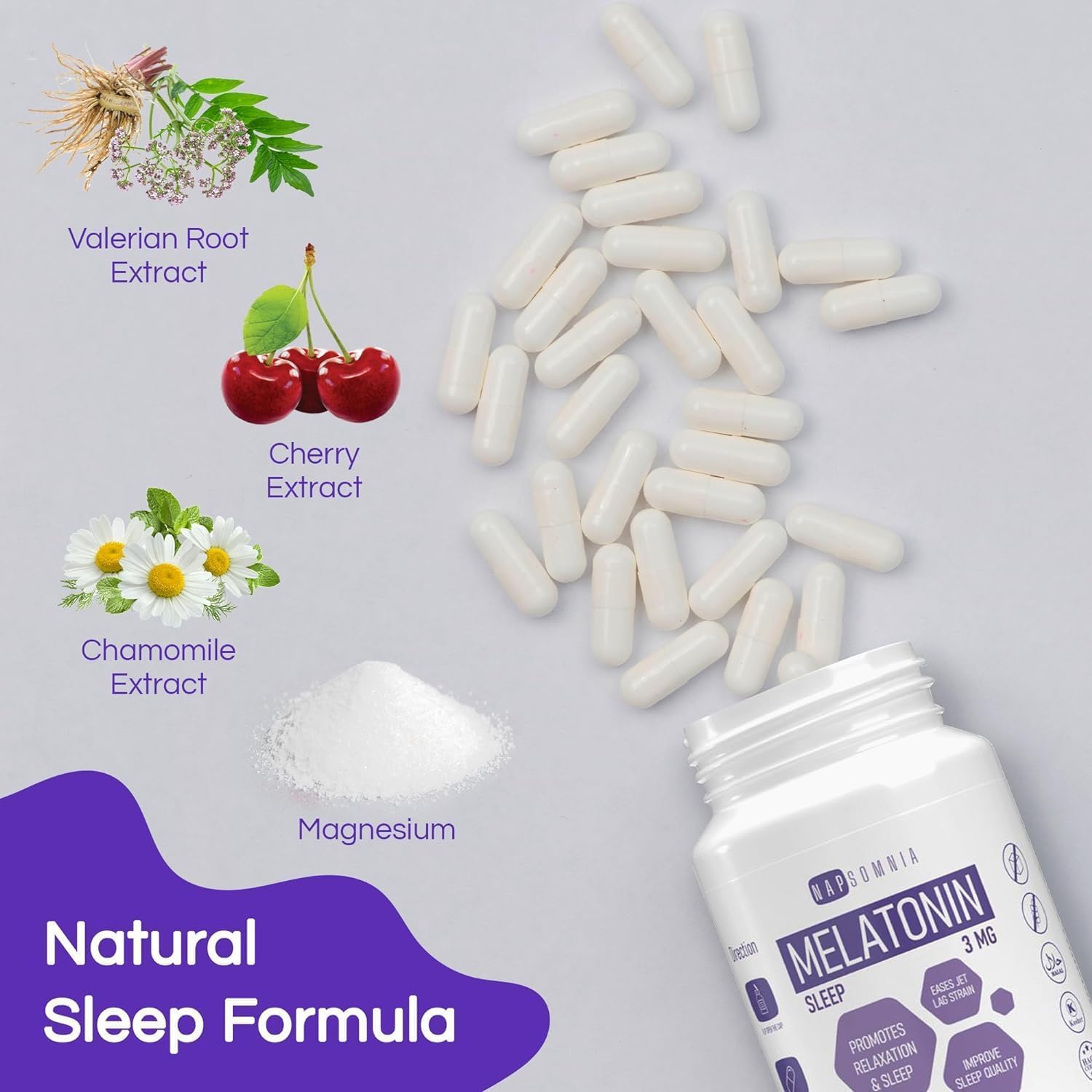 NAPSOMNIA Melatonin for Sleeping for Men & Women - Sleep Melatonin -Valerian Root Extract - Vegetarian 3mg Melatonin 60 Capsules - Sleep Aid for Adults - Deep Sleep Supplements to Ease Jet Lag Strain
