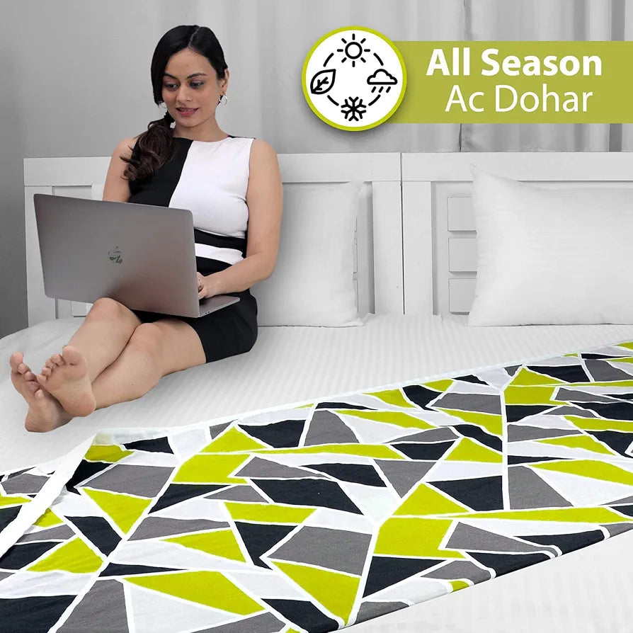 Divine Casa 100% Cotton Double Bed AC Dohar Blanket Ultra Soft 3 Layer Lightweight Comforter TC - 144 Colour Jolly Green