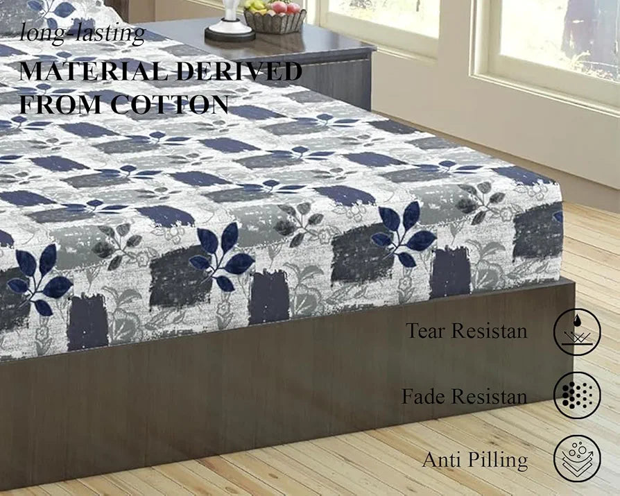 Trance Home Linen 100% Cotton 144Tc Elastic Fitted Bedsheet Printed King Bed Size Elasticated Fitted Bedspread with 2 Pillow Covers Colour Blue Beech