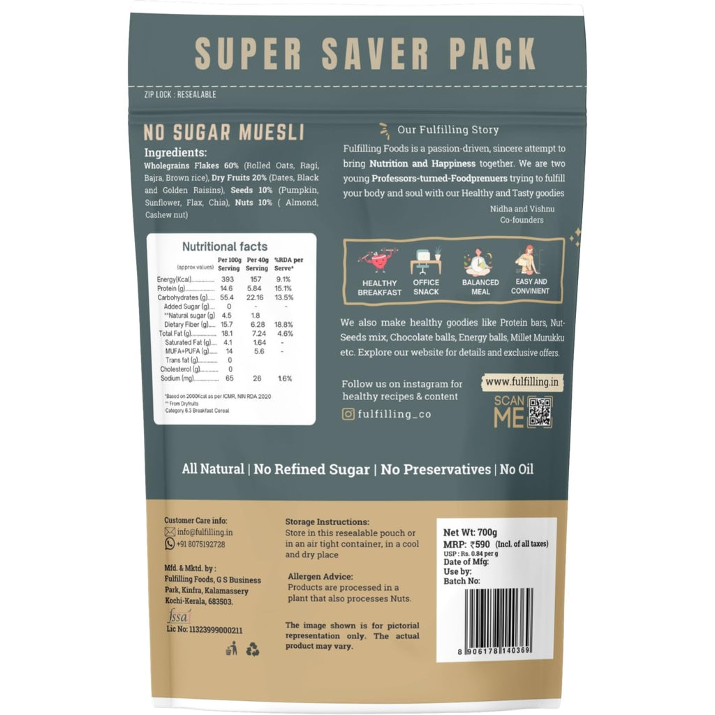 Fulfilling Muesli Sugar free - Pumpkin, Flax & Chia seeds, Dry fruit & Nuts - Rolled Oats + Millet flakes | No added Sugar snack | Gluten free Healthy Breakfast 700g