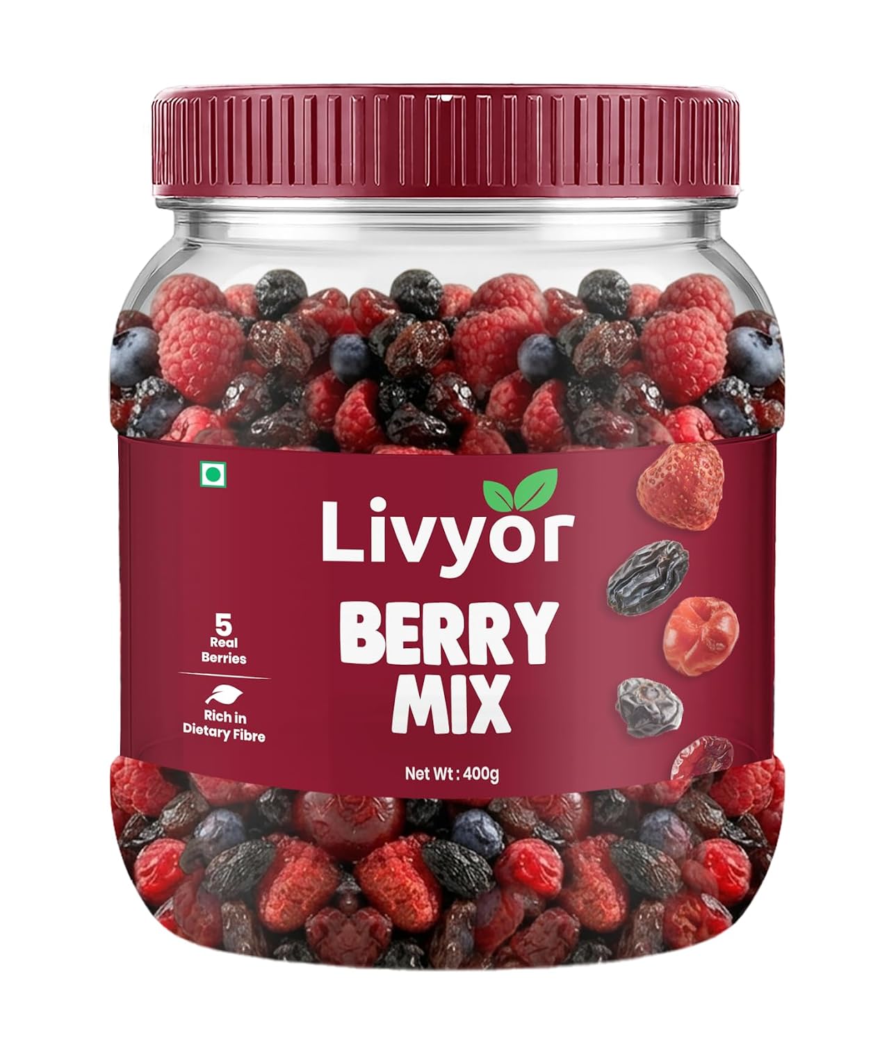Livyor 5 in 1 Berry Mix for eating - 400 gm | Good Source of Fibre | Dried Cranberries | Black Raisins | Cherries | Blueberries | Strawberries | Berry Blast | Berries dry fruits | Berries fresh | (Pack of 1)