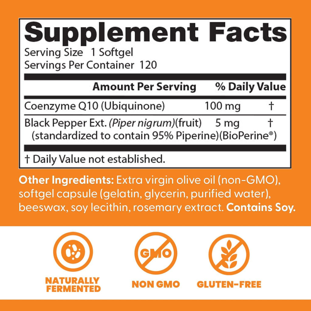 Doctor's Best High Absorption CoQ10 with BioPerine Supplement - Coenzyme Q10 Softgels for Heart Health & Antioxidant Support, Naturally Fermented CoQ10 100mg for Women & Men, Non GMO - 120 Softgels