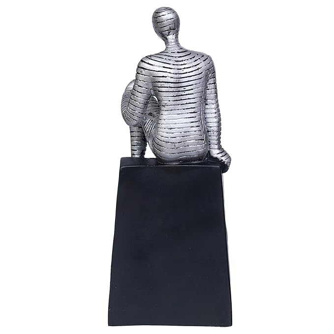Ecraftindia Silver Man Statue Sitting on Triangle Black Base Human Figurine Decorative Showpiece
