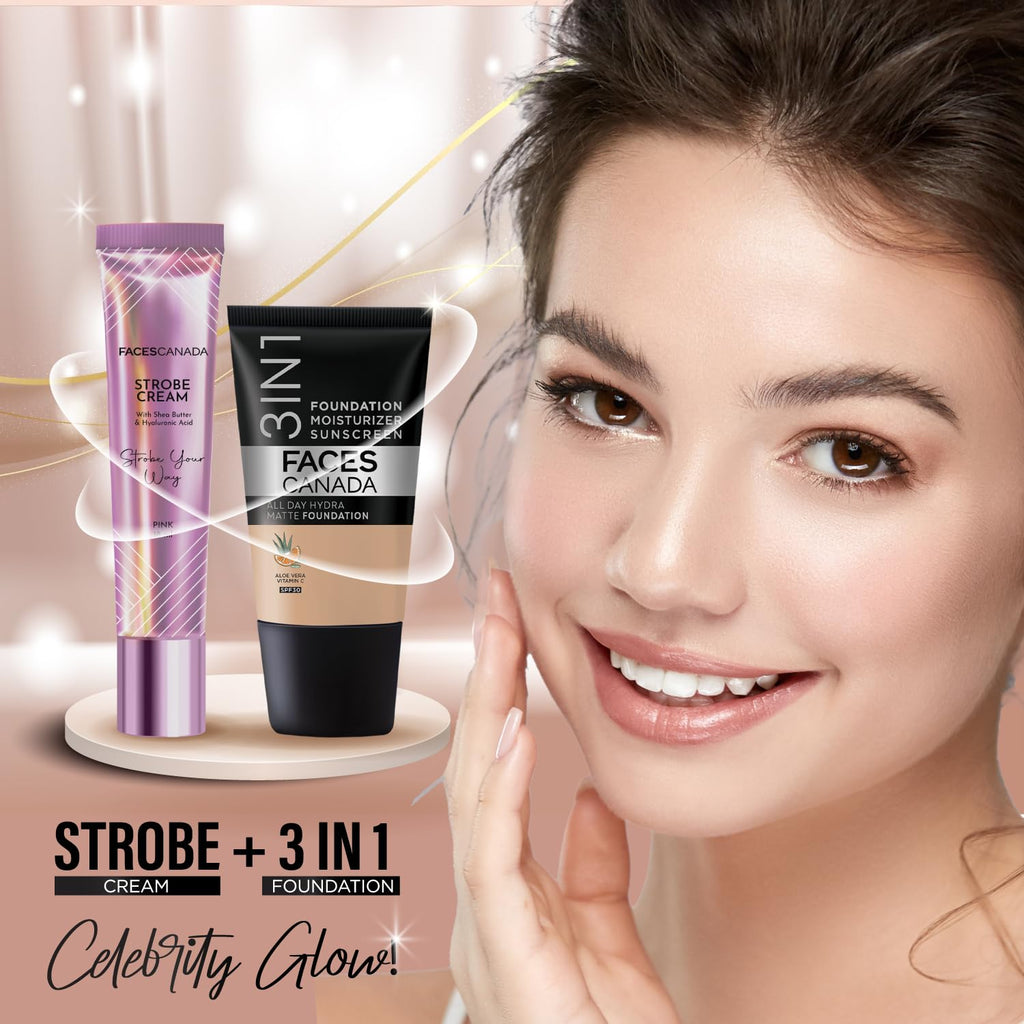FACES CANADA Strobe Cream Mini- Pink, 18ml | Primer + Highlighter + Moisturizer | Shea Butter & Hyaluronic Acid | Intense Hydration | Flawless Radiant Dewy Skin | Illuminating & Glowing Makeup Base