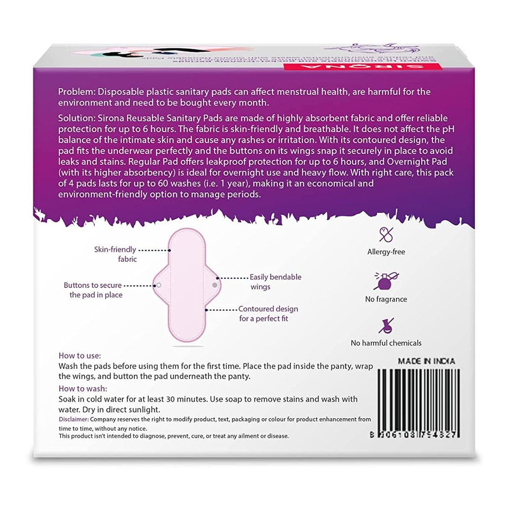 Sirona Reusable Pad for Women and Girls | (Pack of 4)| 3 Regular Pads + 1 Overnight Pad | Soft Cloth Pads for Women for Period, Reusable Rash Free Fabric, Skin Friendly, Lasts Up To 1 Year