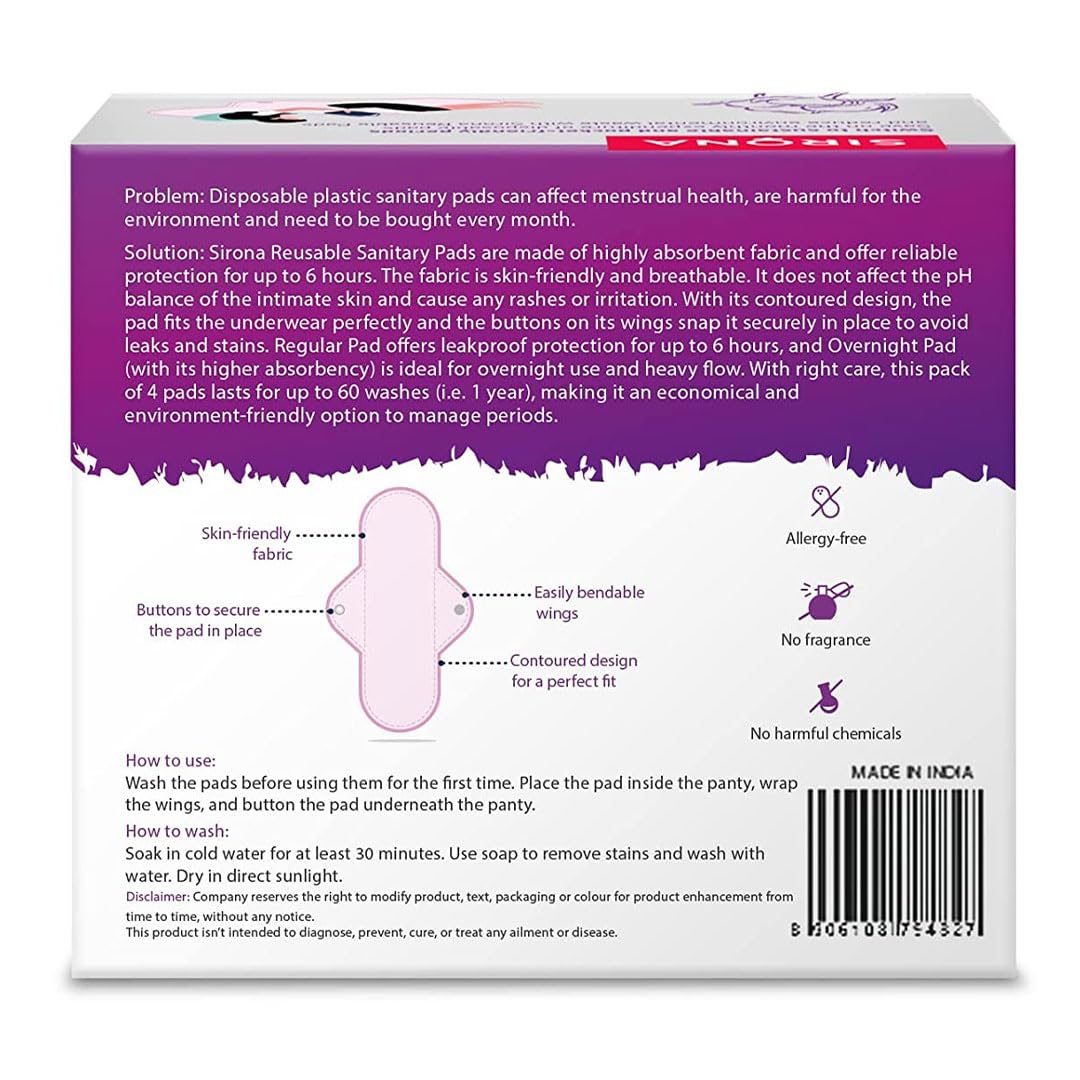 Sirona Reusable Pad for Women and Girls | (Pack of 4)| 3 Regular Pads + 1 Overnight Pad | Soft Cloth Pads for Women for Period, Reusable Rash Free Fabric, Skin Friendly, Lasts Up To 1 Year