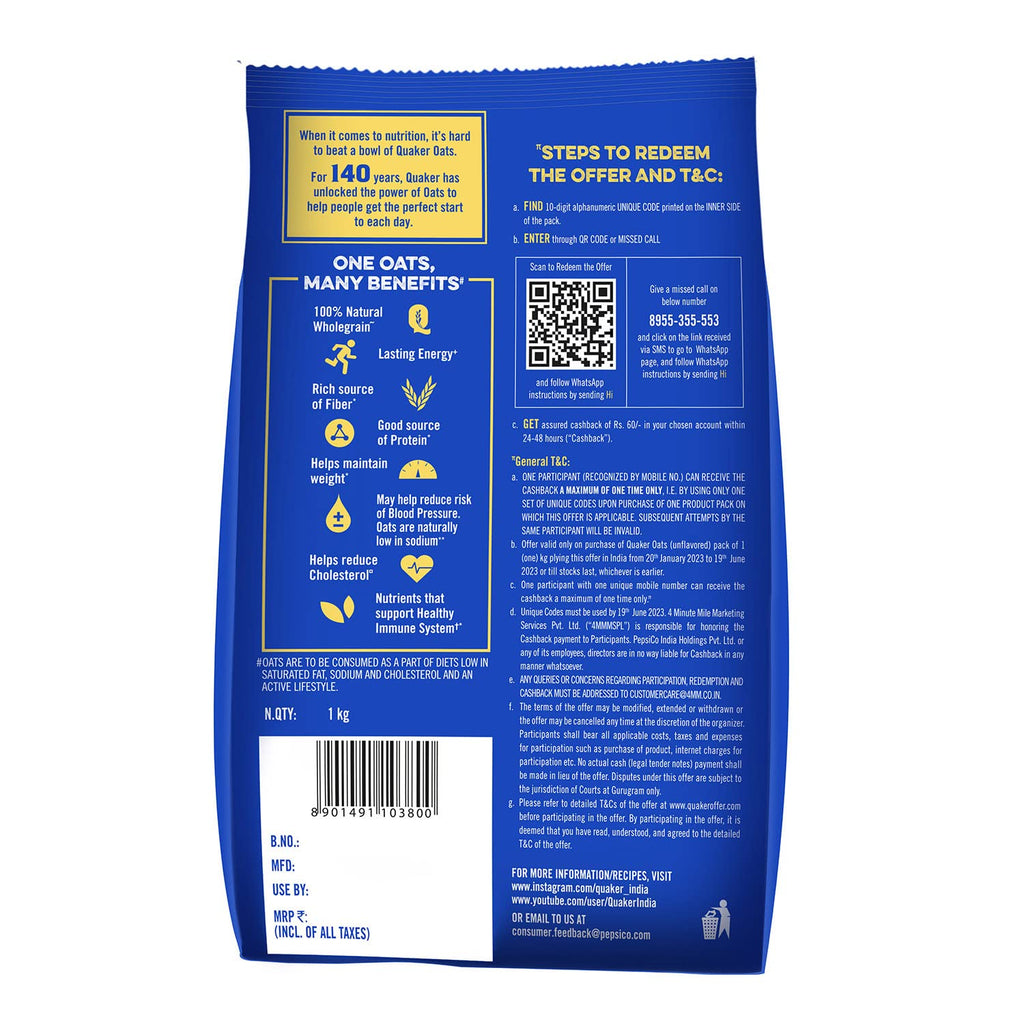 Quaker Oats 1Kg, Rolled Oats Natural Wholegrain, Nutritious Breakfast Cereals, Dalia Porridge, Easy To Cook, Honey