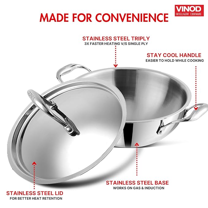 Vinod Platinum Triply Stainless Steel Extra Deep Kadhai With Lid 1.2 Litre | 18 Cm | 2.5mm Thick | Kadai for Cooking