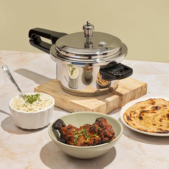 Vinod 18/8 Stainless Steel Pressure Cooker Outer Lid 5 Litre | Unique Sandwich Bottom Cooker | Induction and Gas Base