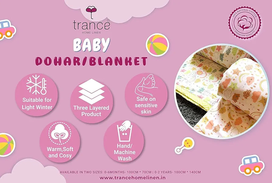 Trance Home Linen Pure Malmal Cotton Multipurpose Baby Dohar 3-Layered Baby Swaddle Blanket Colour Blue Black Triangles