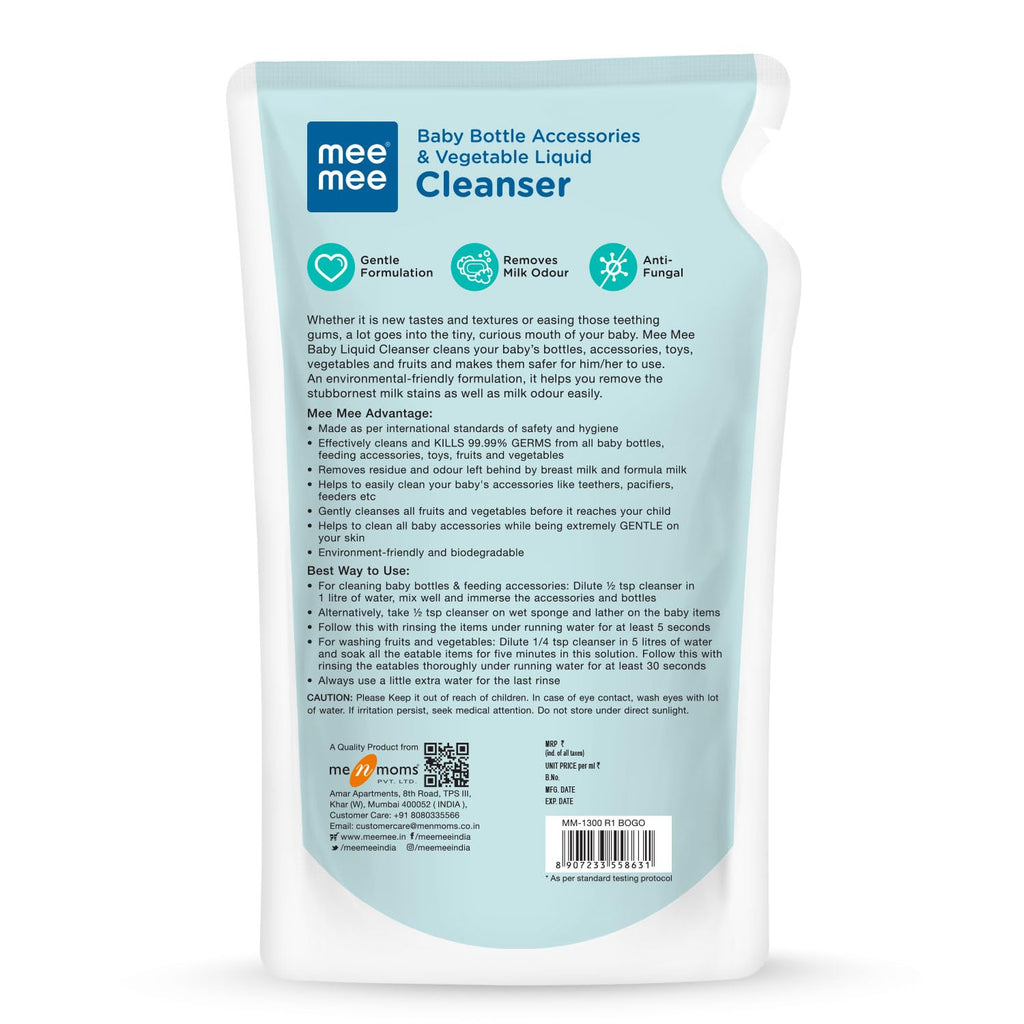 Mee Mee Baby Liquid Cleanser 1 L, Anti-Bacterial Kills 99.9% Germs | for Feeding Bottles, Nipples, Accessories, Toys, Fruits & Vegetables | No Alcohol, One Drop Cleaning, Dermatologically Tested