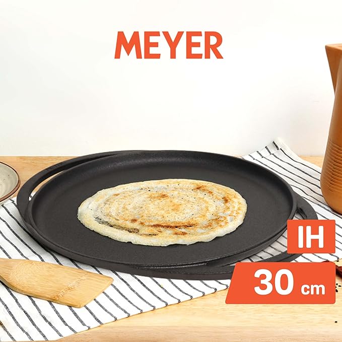 Meyer Pre-Seasoned Cast Iron Flat Tawa with 2 Side Handles 30cm Black