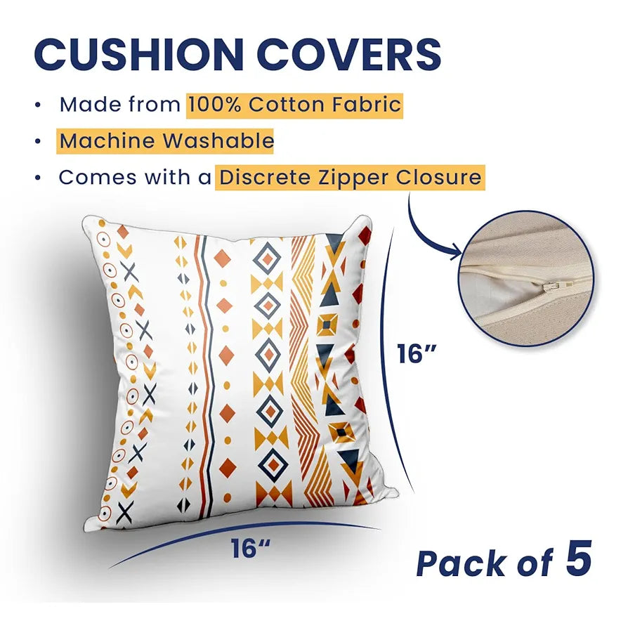 Urban Space Decorative Cotton 200 TC Cushion Cover Set Of 5 Cushion Covers For Sofa, Bedroom, Living Room Liberty Blue