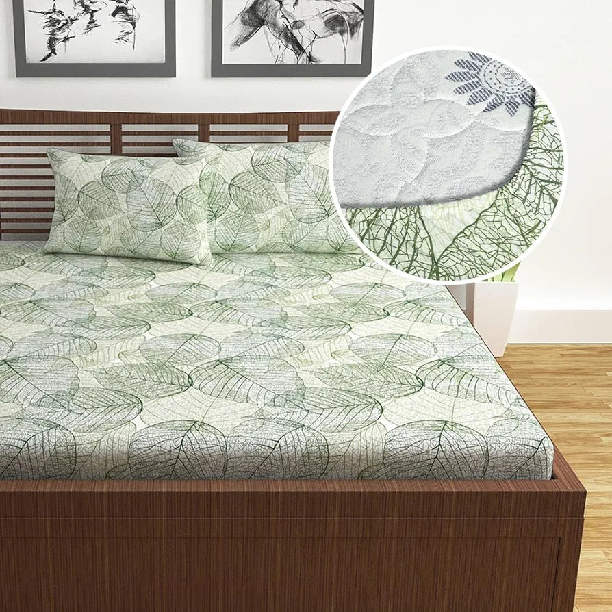 Divine Casa 100% Cotton Fitted Bedsheet for Double Bed Dry Leaf Print Colour Olive Green Elastic Fit Soft & Breathable with 2 Pillow Covers
