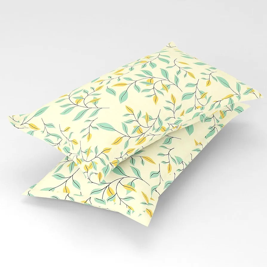 Homekart Premium Cotton Elastic Fitted Bedsheets with 2 King Size Pillow Covers Double Bed Flower Print Off White and Green 200 tc - 220 tc