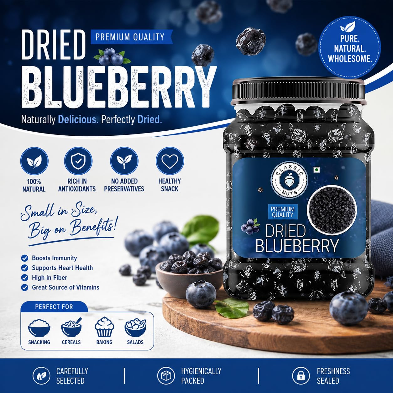 Classic Nuts Dried Blueberry Plum| Dehydrated Blueberries | Ready to Eat Dried Fruit for Baking, Smoothies, Breakfast, Desserts, Trail Mix & Healthy Snacking | Sweet Fruity Taste