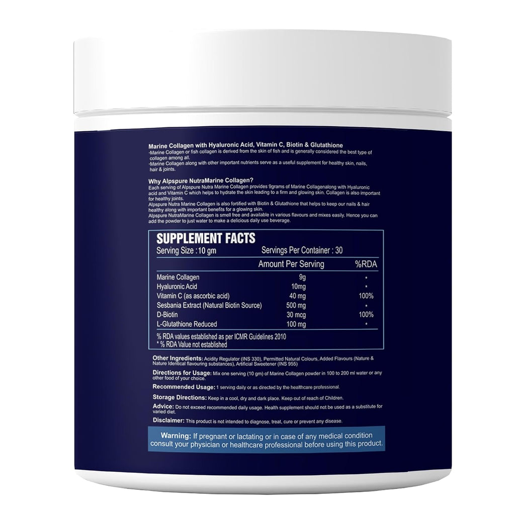 Sea life Marine Collagen Powder | Fish Collagen(300 GM) with Hyaluronic acid, Vitamin-C,Biotin & Glutathione for Hair, Nails, Skin, Muscle and Joints Health (Orange Flavour) Pack of-1