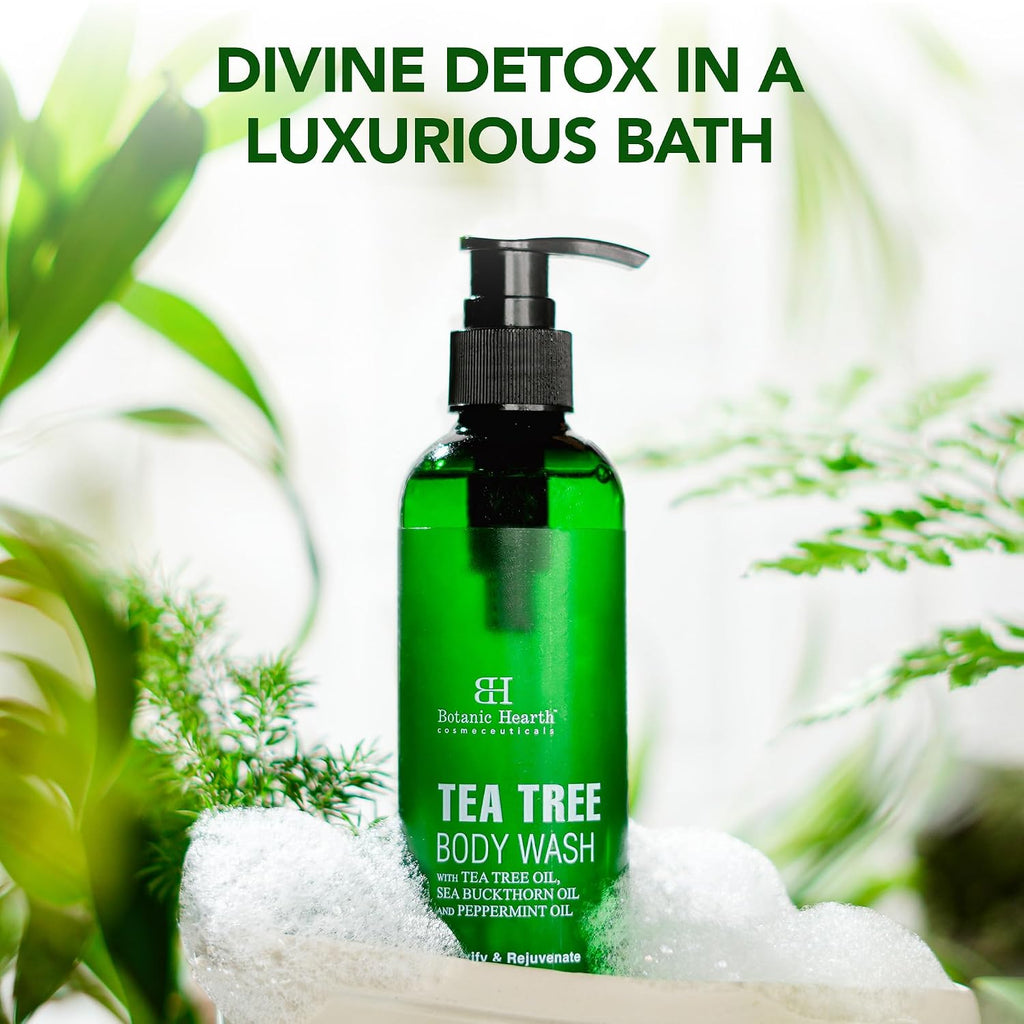 Botanic Hearth Tea Tree Body Wash with Sea Buckthorn Oil, Peppermint Oil | Detoxifies & Rejuvenates | Long Lasting Fragrance | Sulphate & Paraben Free | Shower Gel for Men and Women | 245ml