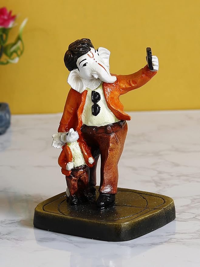 Ecraftindia Handcrafted Polyresin Lord Ganesha Idol Taking Selfie With Mushak Statue Decorative Showpiece