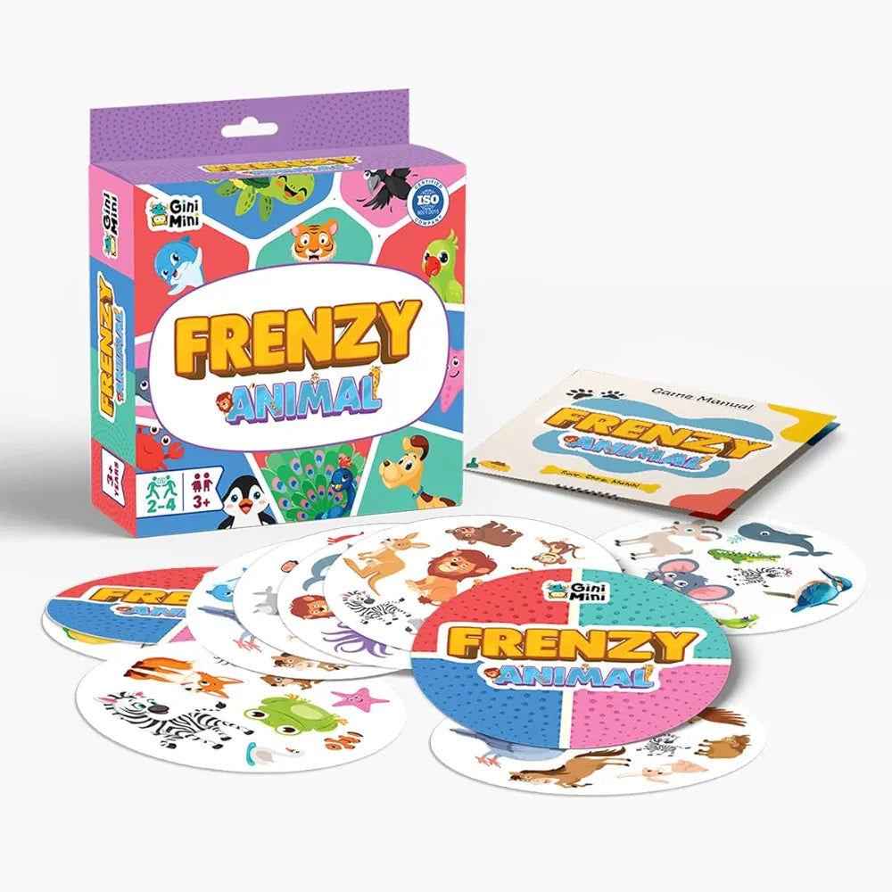GiniMini Animal Frenzy 57 Animal-Themed Educational Cards for Kids 3+ Vocabulary & Matching Skill Builder Fast Observation Game for Toddlers Family & Travel-Friendly Learning Toy