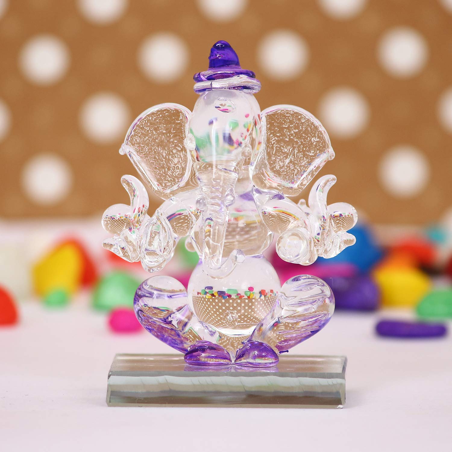 Ecraftindia Purple and Transparent Double Sided Crystal Car Ganesha Showpiece