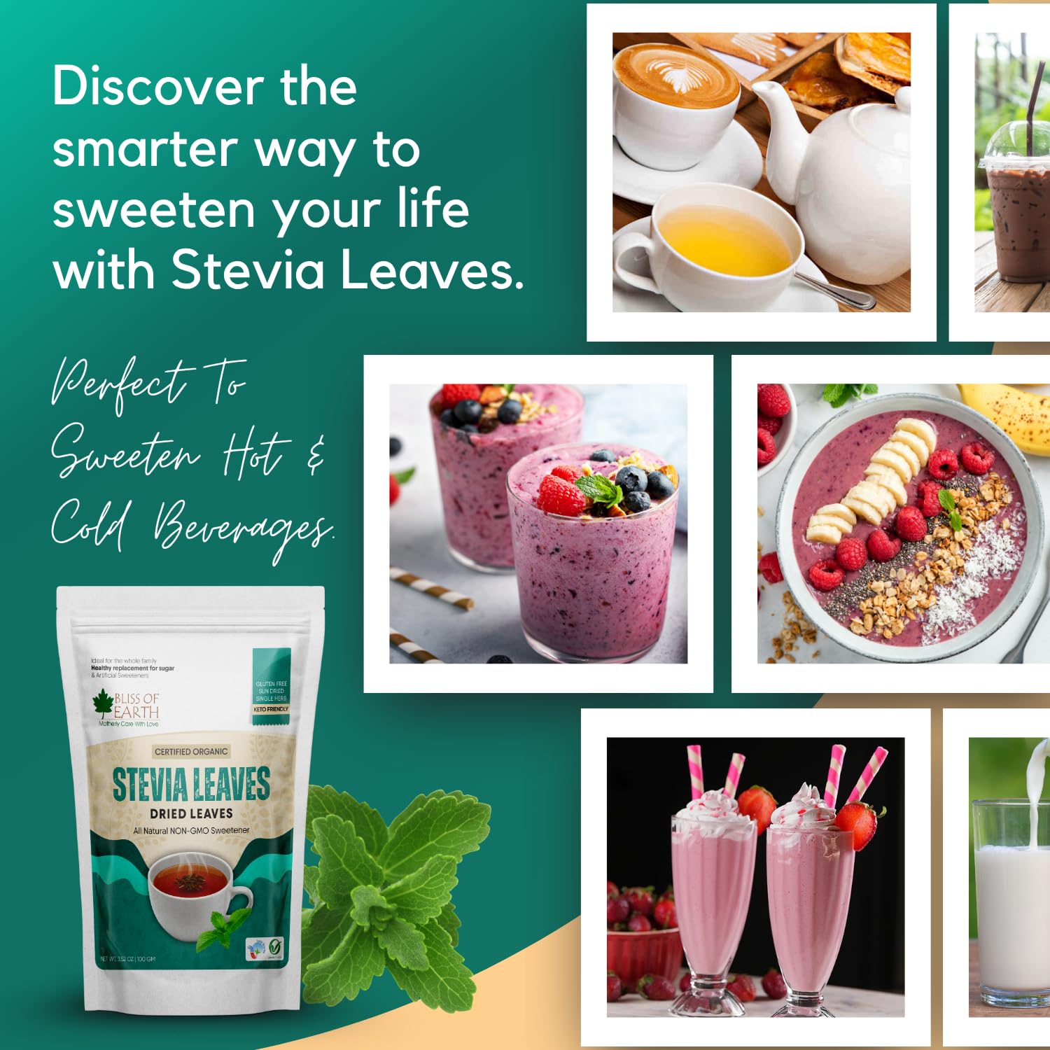 Bliss of Earth Organic Stevia Leaves Dried, Natural & Sugarfree, Best Taste, 100GM