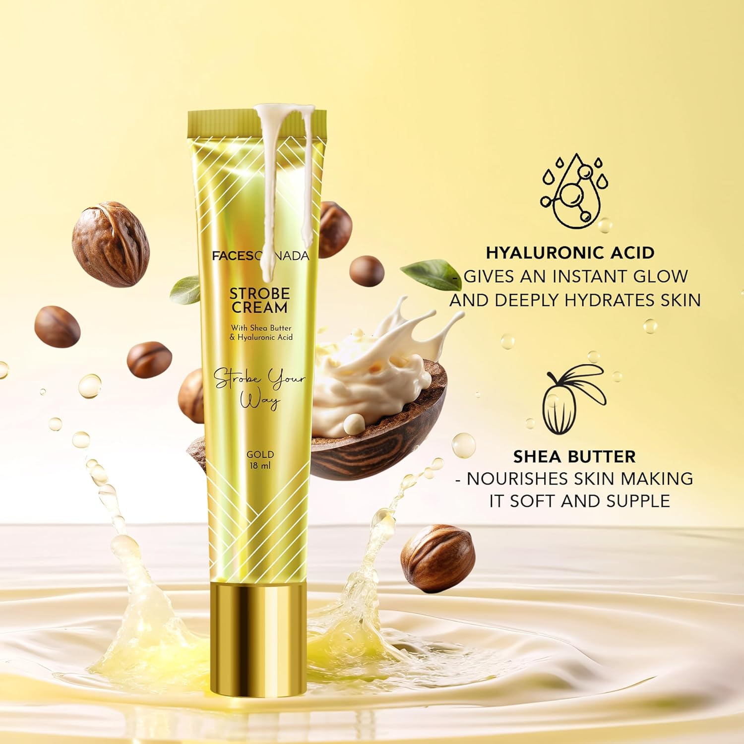FACES CANADA Strobe Cream Mini- Gold, 18ml | Primer + Highlighter + Moisturizer | Shea Butter & Hyaluronic Acid | Intense Hydration | Flawless Radiant Dewy Skin | Illuminating & Glowing Makeup Base
