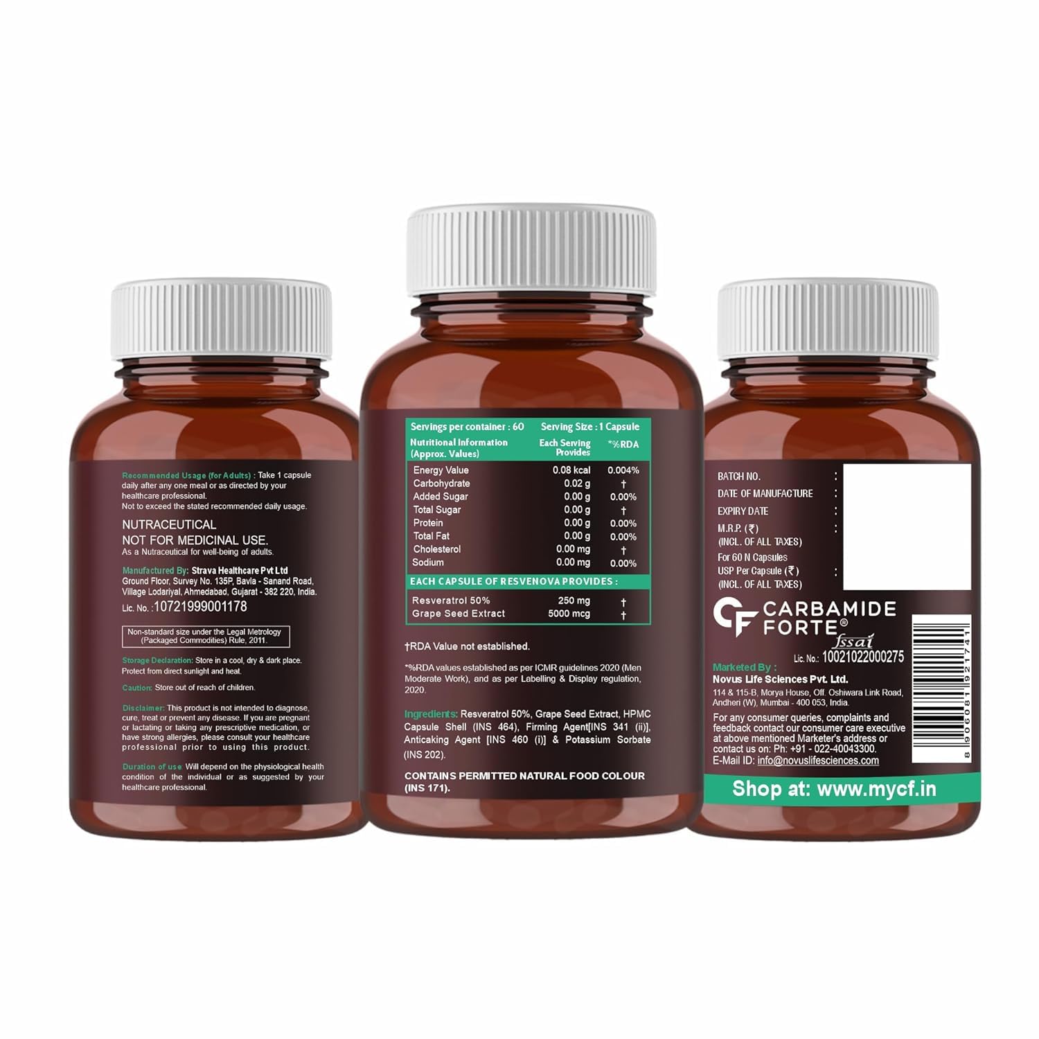 Carbamide Forte Resveratrol 250mg with Grape Seed Extract | Pharma Grade Resveratrol Supplements for Max Absorption - 60 Veg Capsules