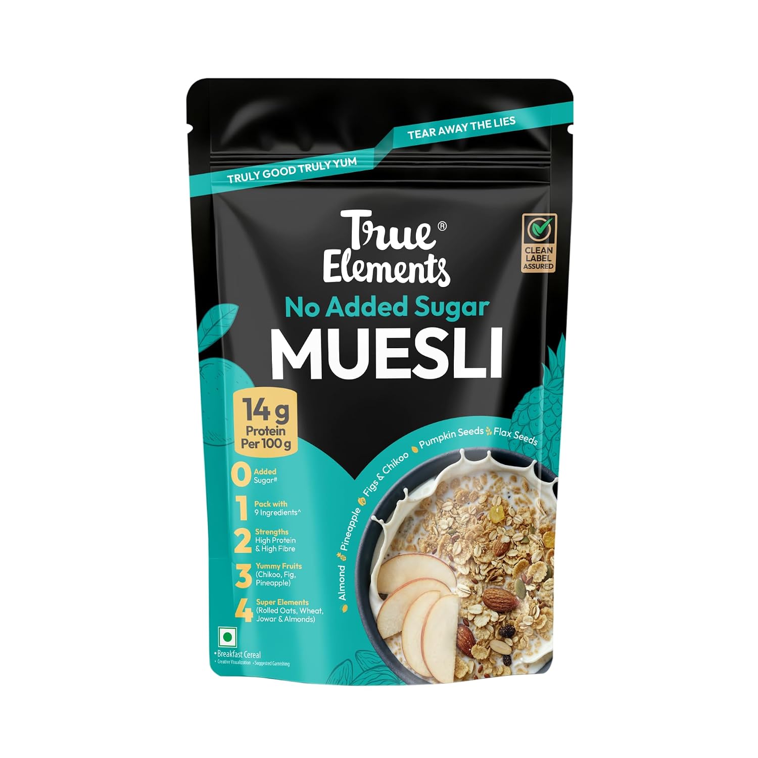 True Elements No Added Sugar Muesli 1kg - Protein muesli -14g protein per 100g | Clean Label Breakfast Cereal | No hidden sugar | Millet Muesli with Jowar | High Fibre