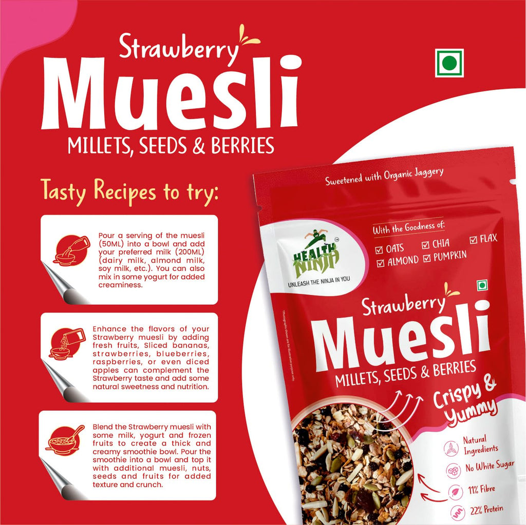 Health Ninja Strawberry Muesli | High Protein Breakfast Cereal | Oats, Almonds, Chia, Flax & Pumpkin Seeds | 900 g (Strawberry)