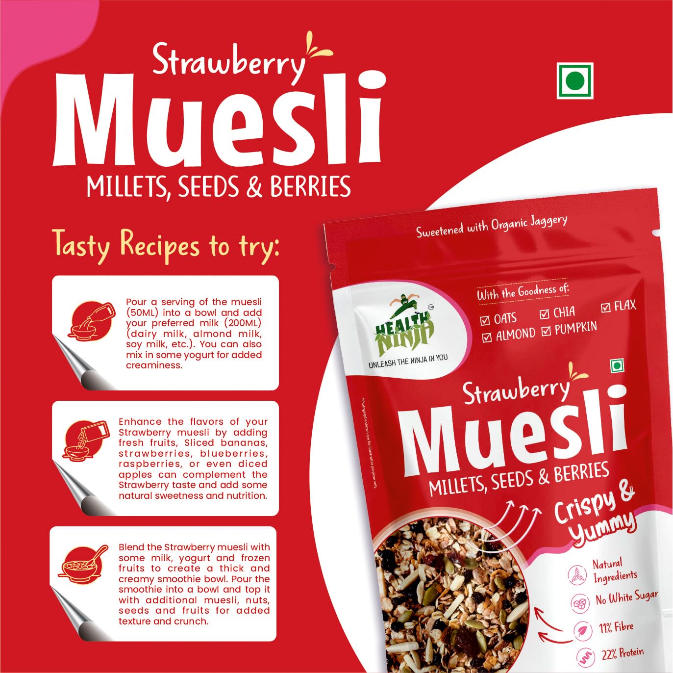 Health Ninja Strawberry Muesli | High Protein Breakfast Cereal | Oats, Almonds, Chia, Flax & Pumpkin Seeds | 900 g (Strawberry)
