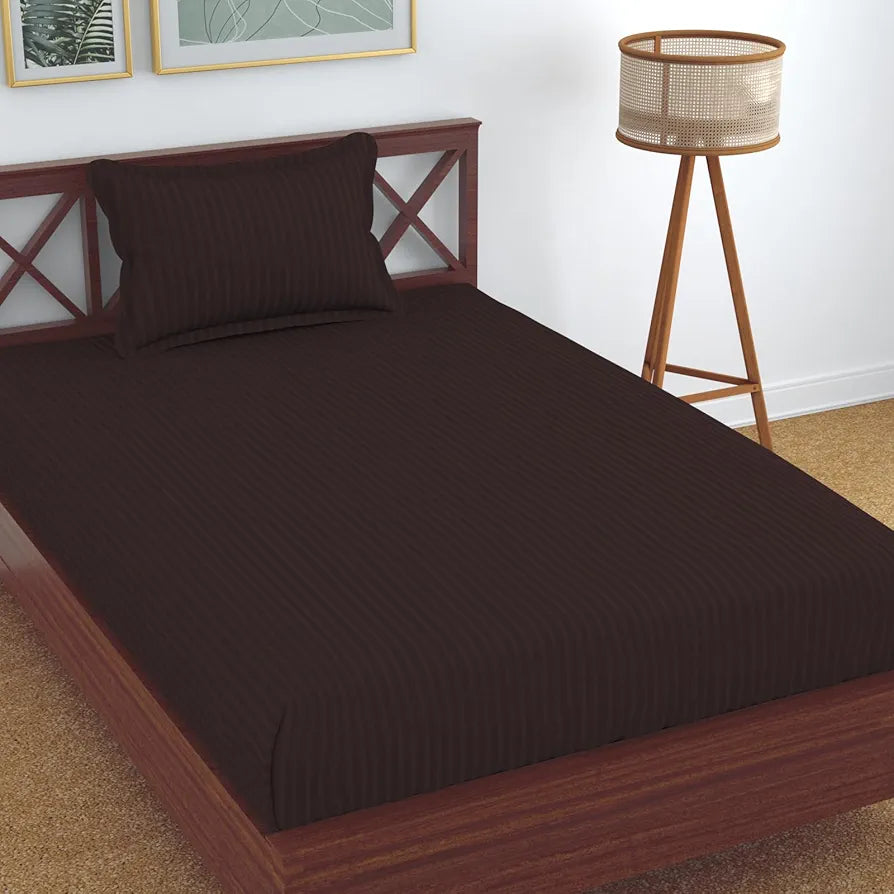 Homefab India 160 TC Stripe Glace Cotton Single BedSheet with 1 Pillow Cover Brown