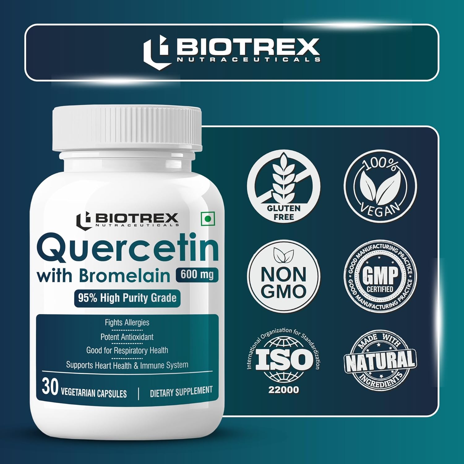 Biotrex Nutraceuticals Quercetin with Bromelain 600mg Better Respiratory Health | Antioxidant | Fights Allergies | Immunity & Cardiovascular Health - 30 Veg Capsules