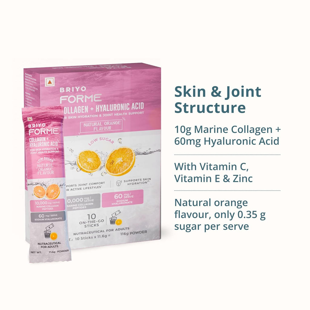 Briyo Forme Collagen + Hyaluronic Acid | 1 Sachet 10g Hydrolyzed Marine Collagen with 60mg Hyaluronic Acid | Orange Flavored Daily Drink Mix for Skin Hydration, Joint Support, Anti-Aging & Bone Strength | No Sugar