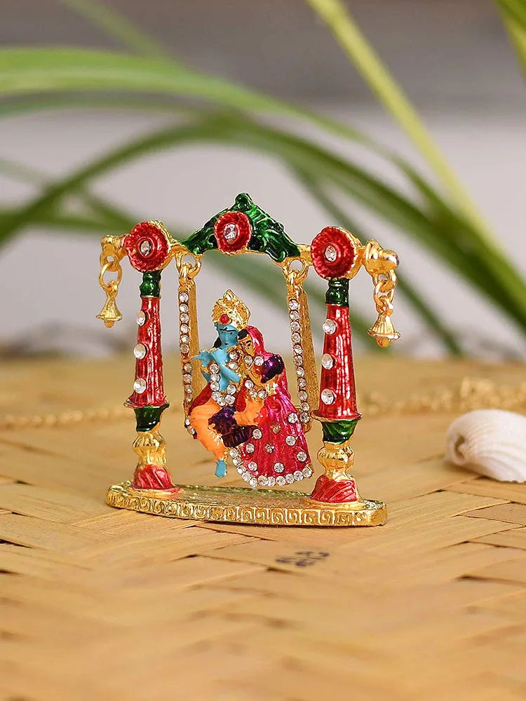 Collectible India Radha Krishna Idol on Jhula Metal Statue for Car Dashboard