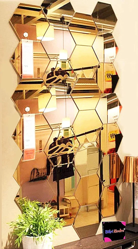Bikri Kendra 32 Hexagon with 20 Butterfly Golden Stickers for Wall Hexagon Mirror Acrylic Mirror
