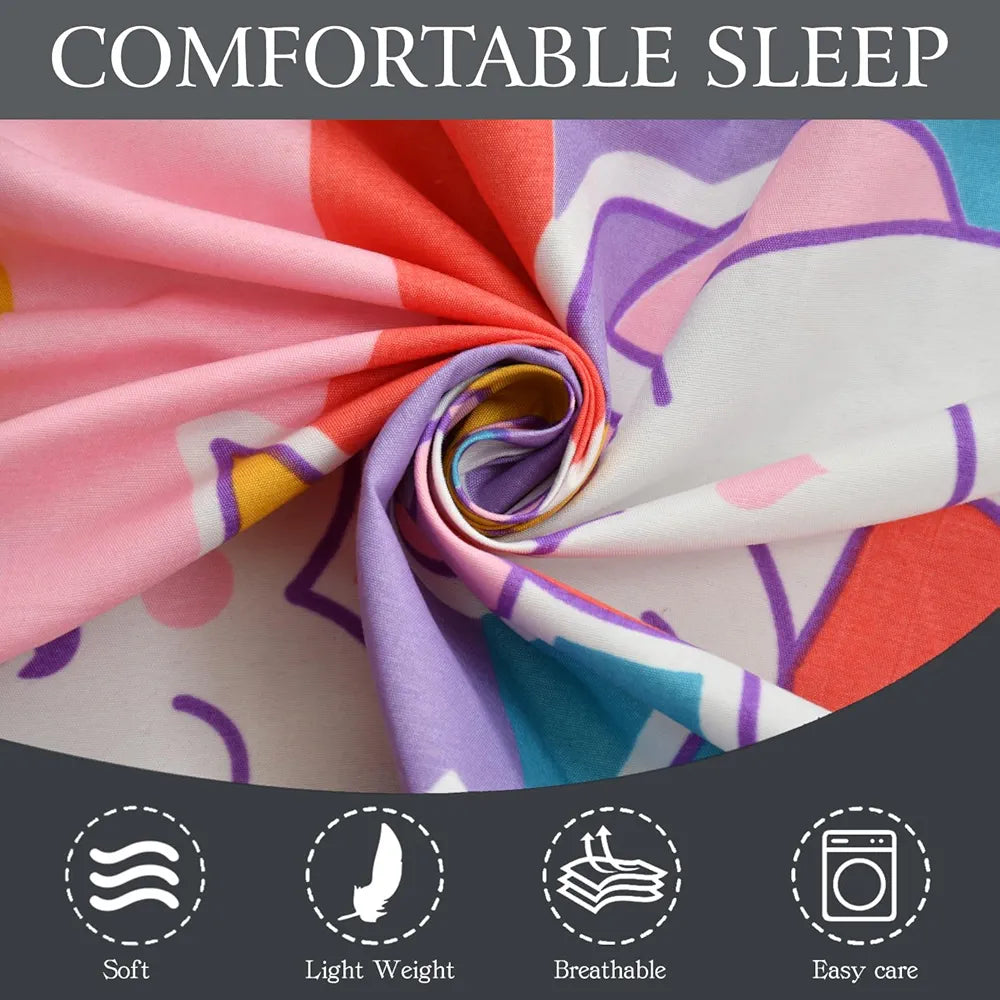 Fresh From Loom Cartoon 300 TC Wrinkle Free Glace Cotton Elastic Fitted Bedsheet for Kids with Two Pillow Cover Queen Unicorn Multicolor