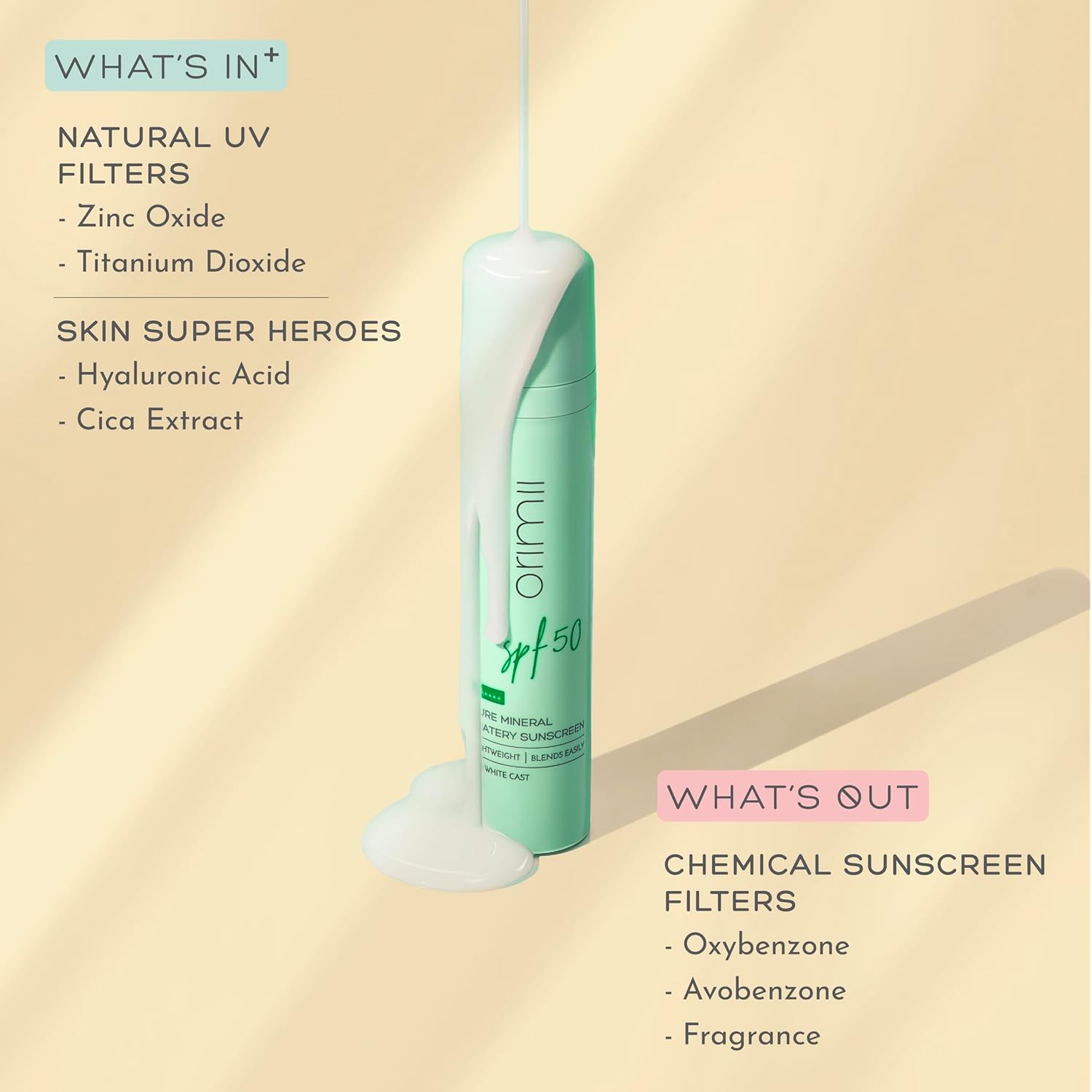 Orimii 100% Pure Mineral Fluid Sunscreen SPF 50| Super Lightweight, Zero White Cast & Blends Easily on Skin | With Zinc Oxide & Hyaluronic Acid | Fragrance Free, Non Comedogenic & Pregnancy Safe 50ml