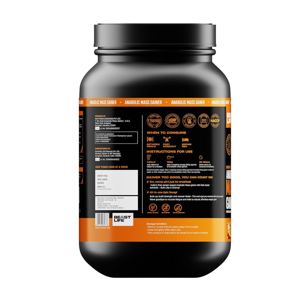BeastLife High Protein Mass/Weight Gainer | 1 KG | Belgian Chocolate | NABL LAB Tested | For Muscle Gain & Fast Growth | Cereal-Based Formula, No Maltodextrin | India's #1 Cereal Based Bulk Gainer