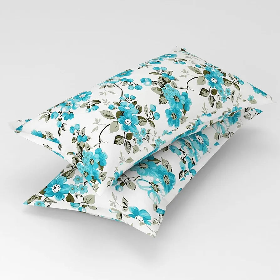 Homefab India 180 TC Microfiber Double BedSheet with 2 Pillow Covers Aqua White Floral