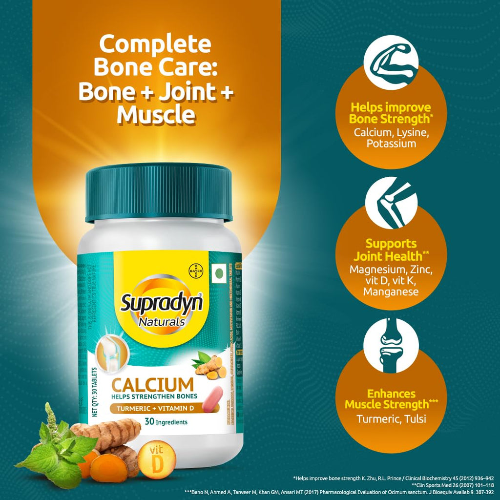 Supradyn Naturals Calcium for Men and Women (30 tablets)|Multivitamin with Vitamin D, Magnesium, Zinc, Vitamin B 12 & Turmeric|For Bone health and Joint support|Veg