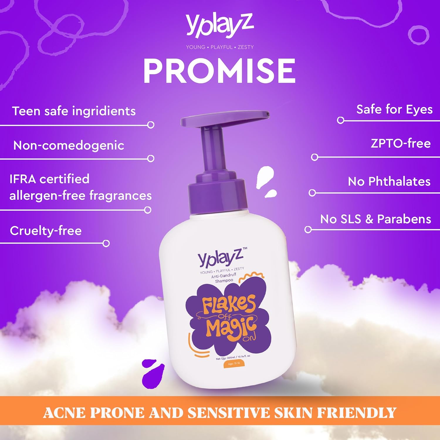 YplayZ Flakes Off Magic On Anti-Dandruff Shampoo for Tweens & Teens, Ages 11-18 - 300 Ml