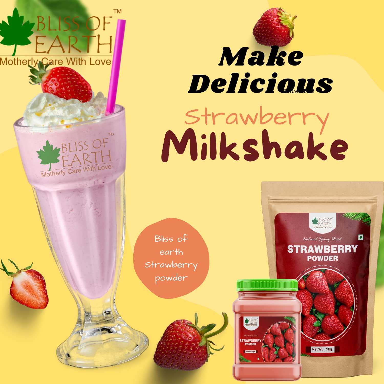 Bliss of Earth 200gm Mango Powder + 200gm Strawberry Powder Natural Spray Dried Taste and Healthy Combo