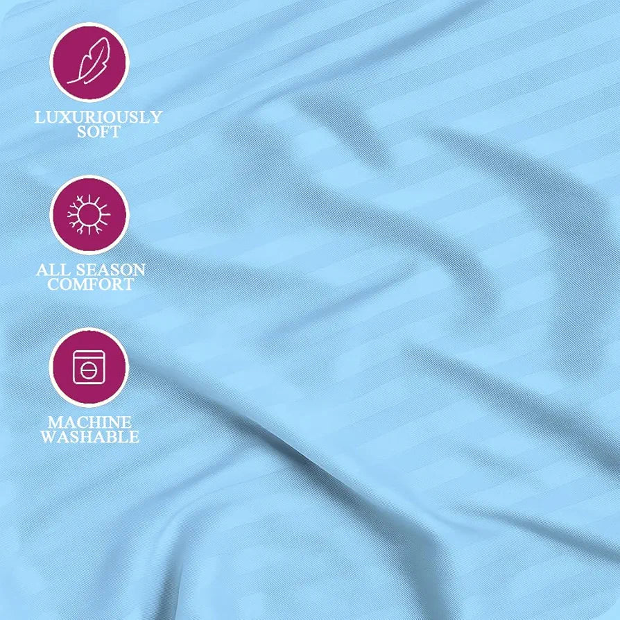 Trance Home Linen 100% Cotton 78x66 inch 200TC Satin Stripe Elastic Fitted Bedsheet Daily Use Double Bed Fitted Bedspread with 2 Pillow Covers Colour Sky Blue