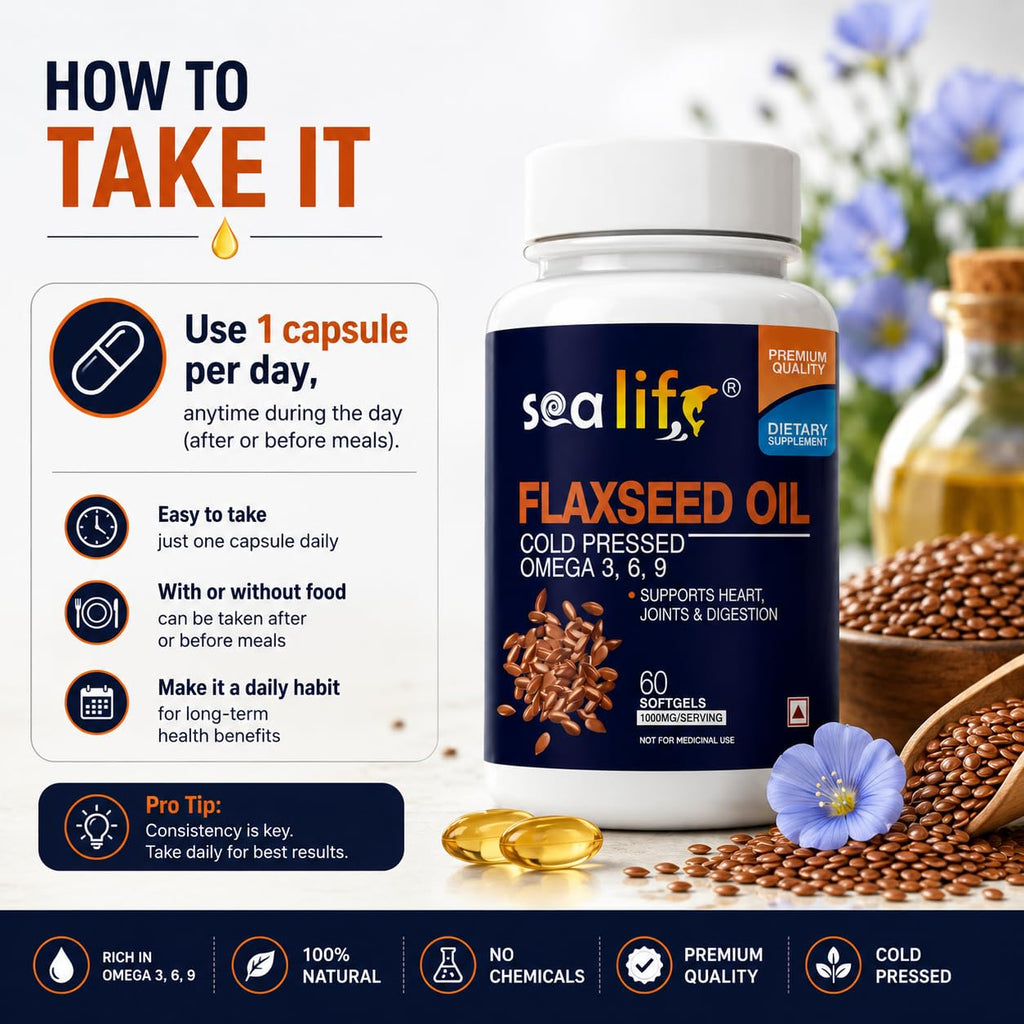 Sea Life Flaxseed Oil 1000 Mg Softgel Capsules | Omega 3,6,9 fatty acid | Supports Healthy Heart, Joints, Skin, Brain & Eyes | For Men & Women (60 Softgels Capsules) Pack of-1