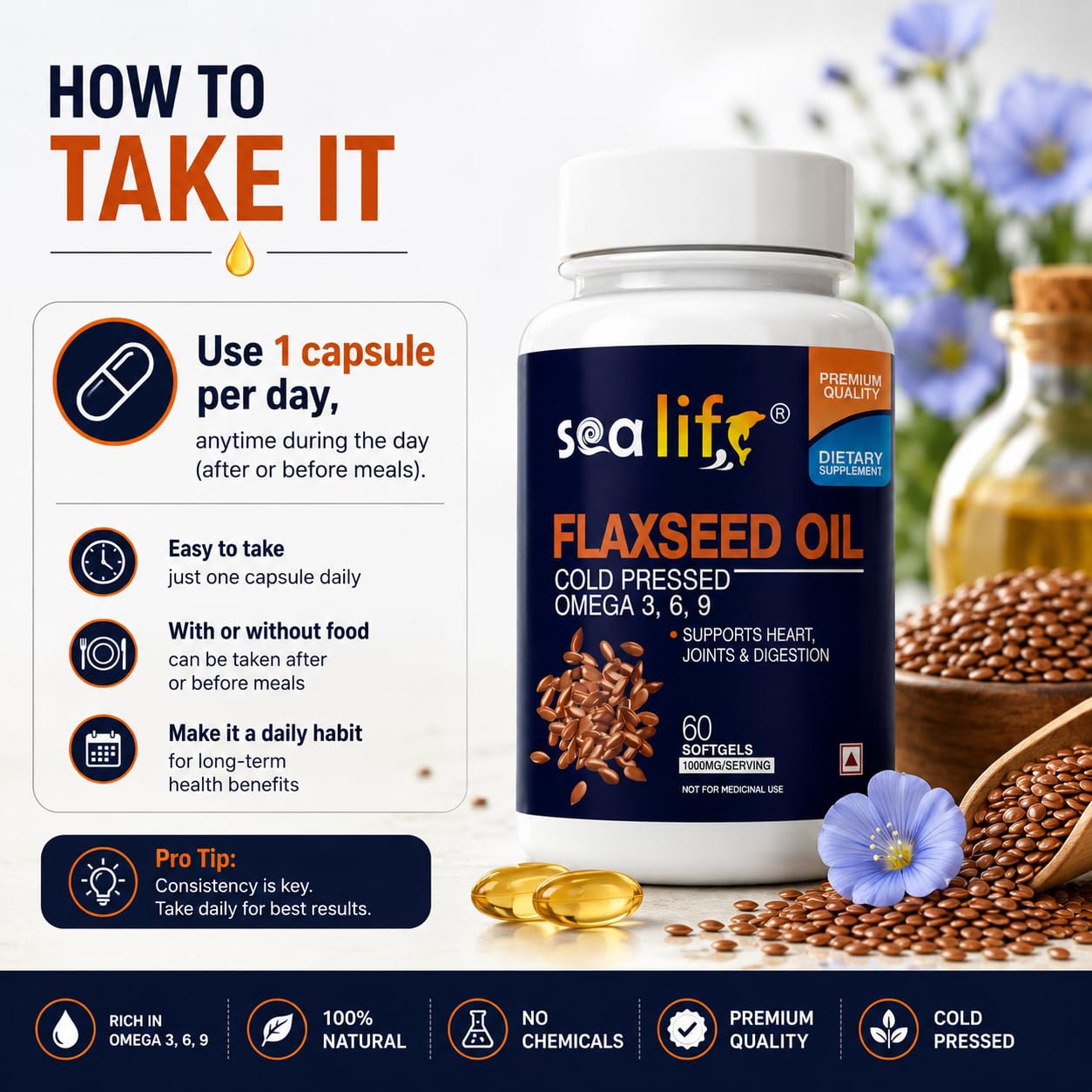 Sea Life Flaxseed Oil 1000 Mg Softgel Capsules | Omega 3,6,9 fatty acid | Supports Healthy Heart, Joints, Skin, Brain & Eyes | For Men & Women (60 Softgels Capsules) Pack of-1