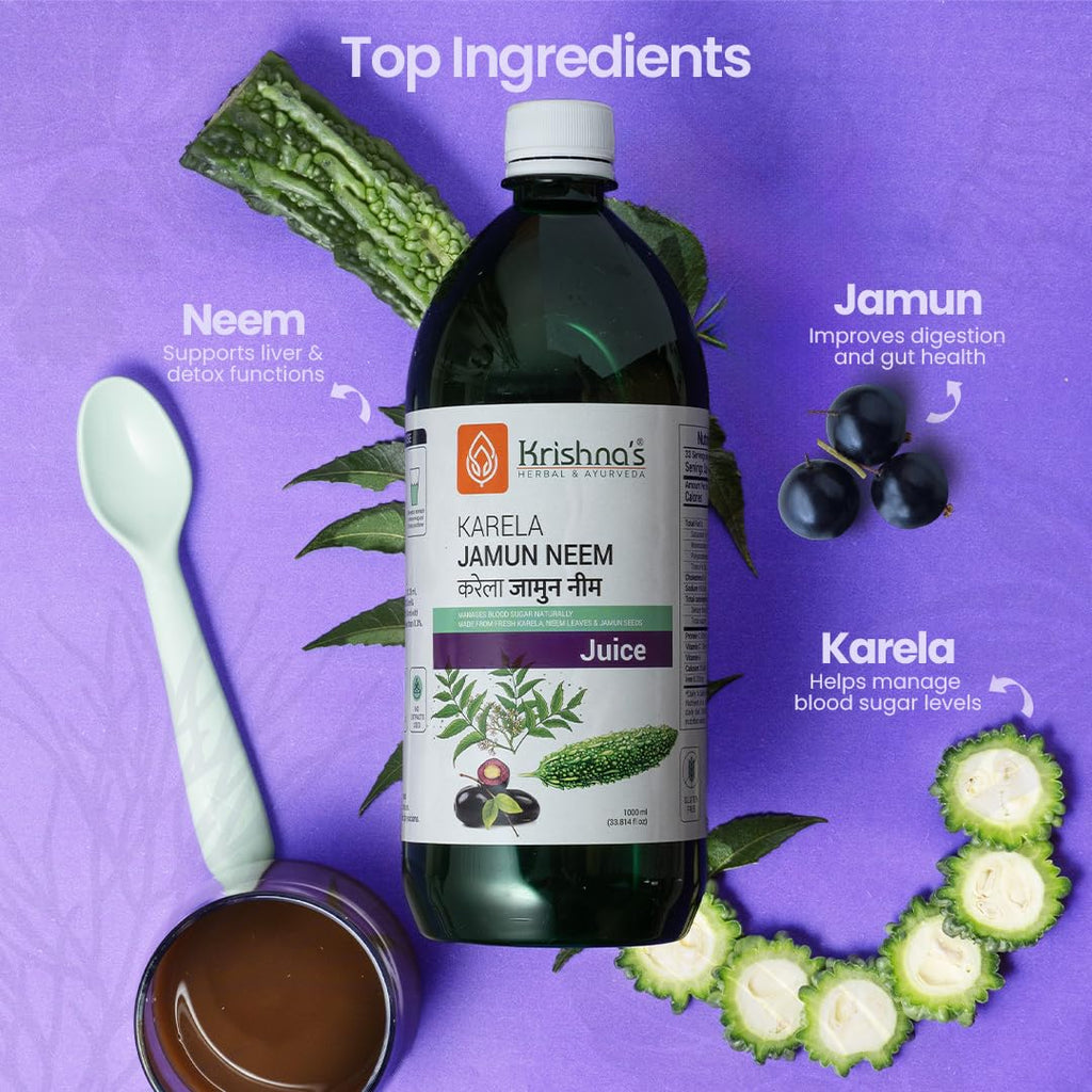 KRISHNA'S HERBAL & AYURVEDA Krishna'S Karela Jamun Neem Juice-1000 Ml Blend Of Fresh Karela, Neem Juice & Jamun Seeds Ayurvedic Solution For Balancing Sugar Levels, Pack Of 1