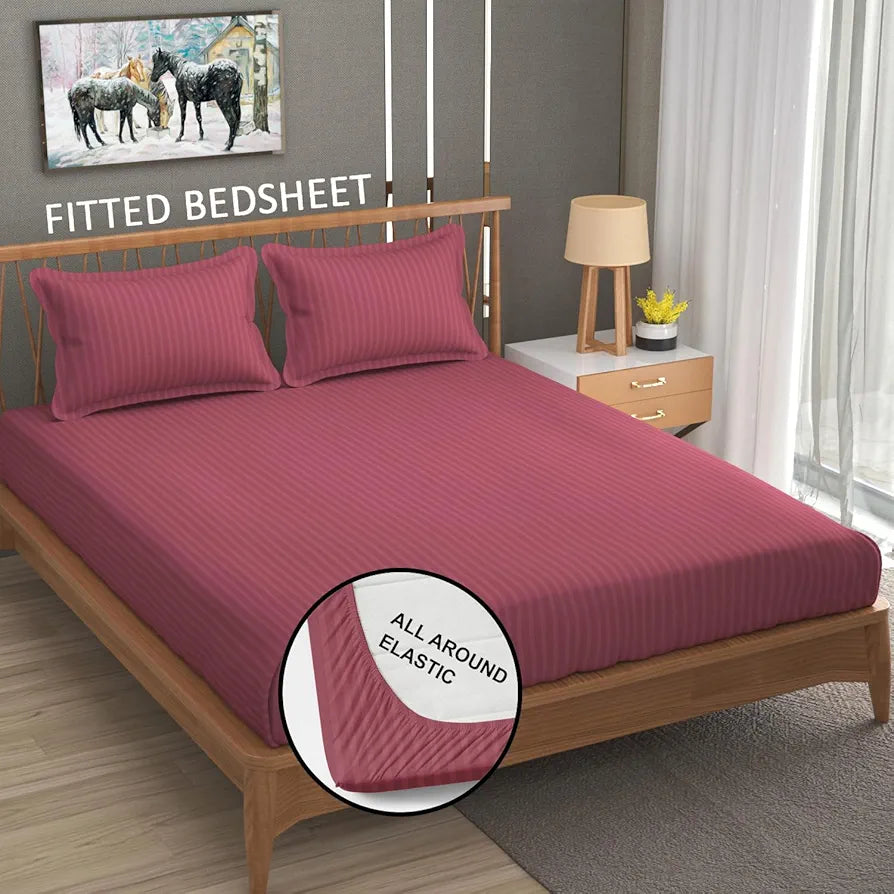 Homefab India 160 TC Stripe Cotton Feel Glace Cotton Elastic Fitted King Size Double Bed Bedsheet with 2 Pillow Covers Fits Upto 6 inches Mattress Pink